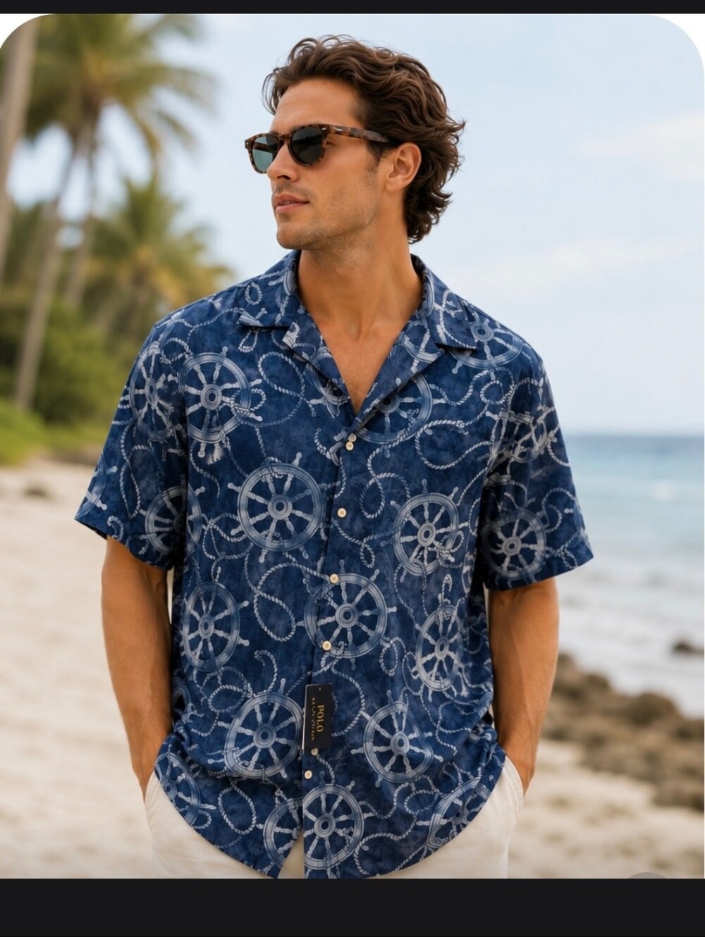 Polo by Ralph Lauren Navy Wheel & Rope Print Short-Sleeve Button-Up NWT